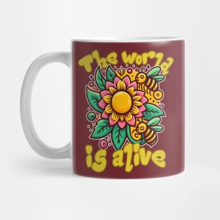 The World is Alive: Spring Bloom Buzz in Yellow, Black, Green, Brown, and Blue Mug